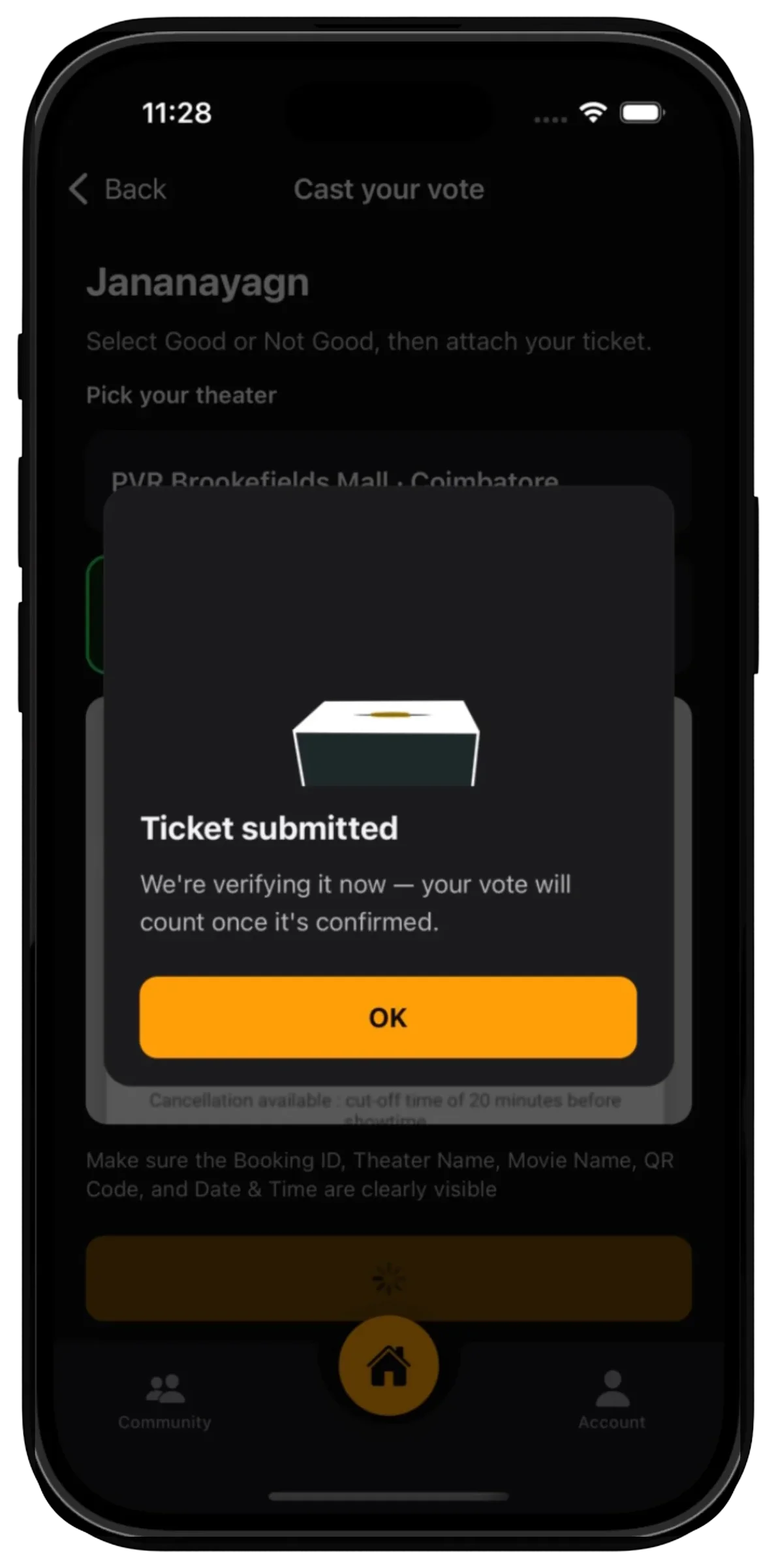 Ticket submitted in CinemaPoll